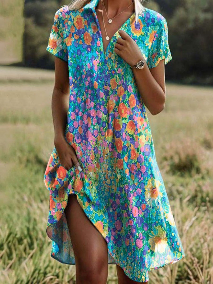 Women's Short Sleeve Printed Casual V-Neck Dresses
