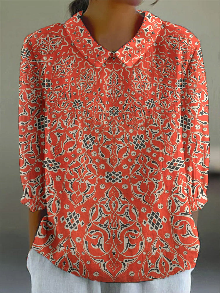 Women's v-neck vintage court print cotton shirt
