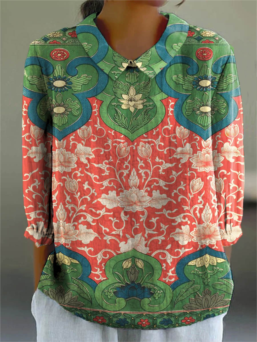 Women's Vintage Lovely Floral Art Print Casual Cotton And Linen 3/4 Sleeve Shirt