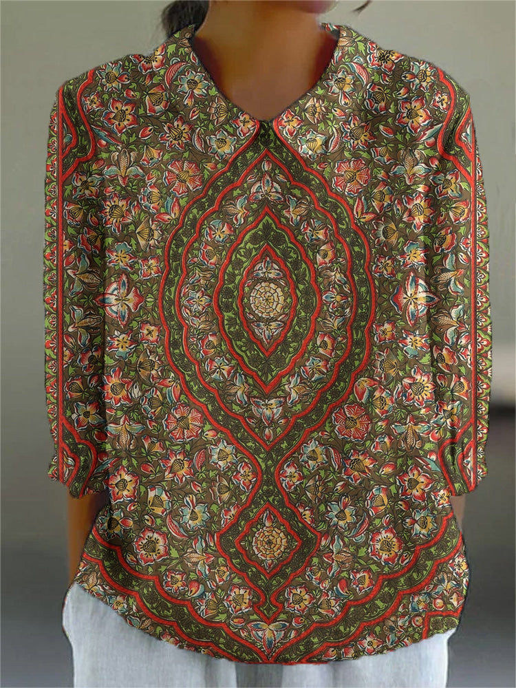 Women's v-neck vintage court print cotton shirt