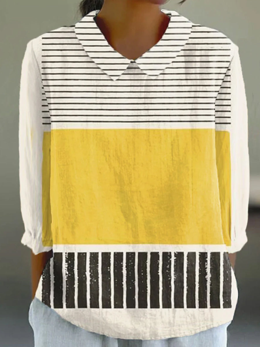 Women's Vintage Abstract Geometric Art Print Casual Cotton And Linen 3/4 Sleeve Shirt