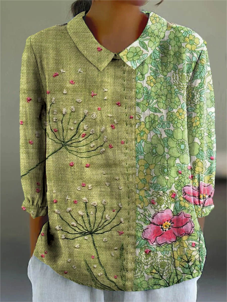 Women's Vintage Floral Pattern Art Print Casual Cotton And Linen 3/4 Sleeve Shirt