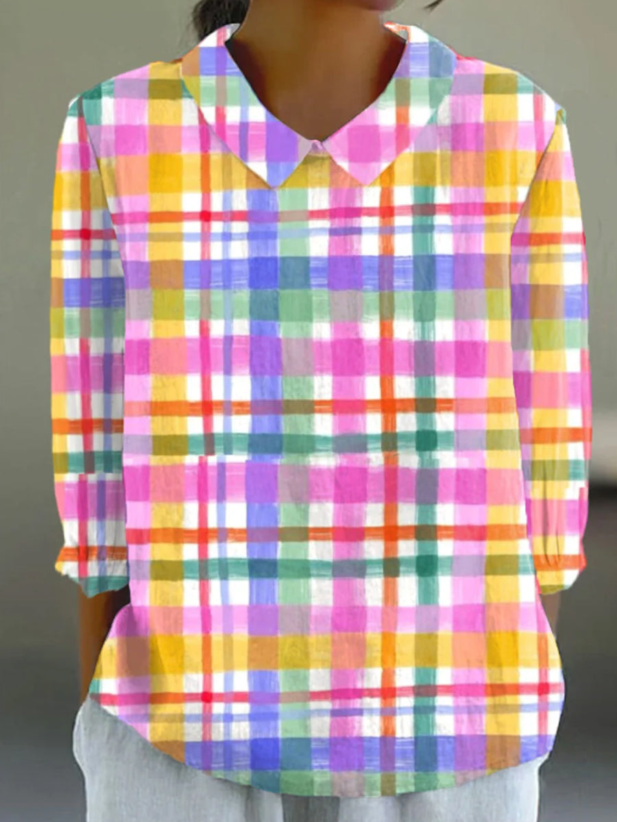 Women's Vintage Abstract Geometric Art Print Casual Cotton And Linen 3/4 Sleeve Shirt