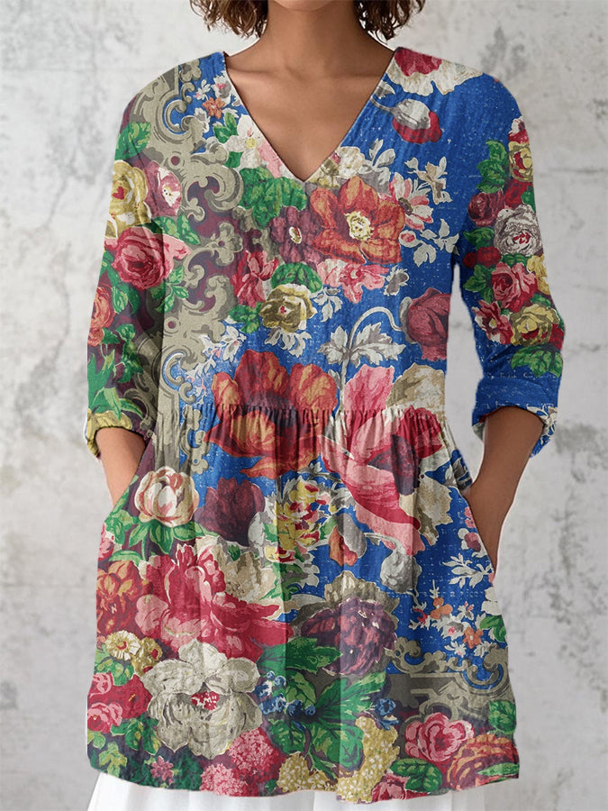Women's v-neck vintage floral print cotton shirt