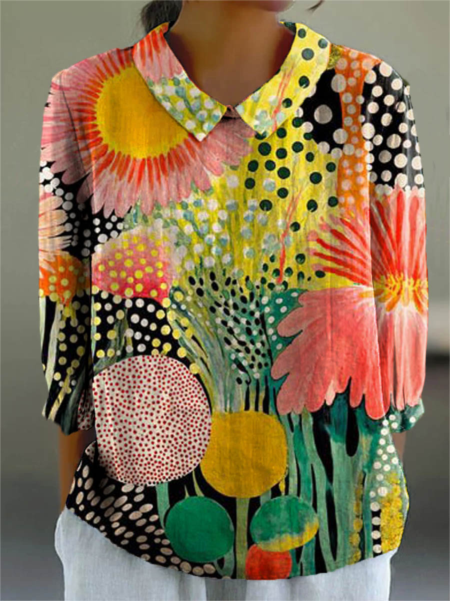 Women's Vintage Lovely Floral Art Print Casual Cotton And Linen 3/4 Sleeve Shirt