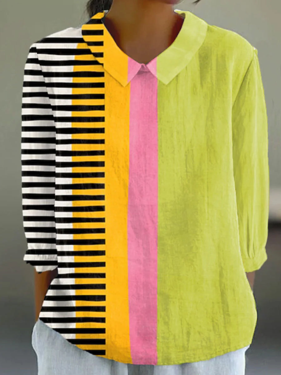 Women's Vintage Abstract Geometric Art Print Casual Cotton And Linen 3/4 Sleeve Shirt