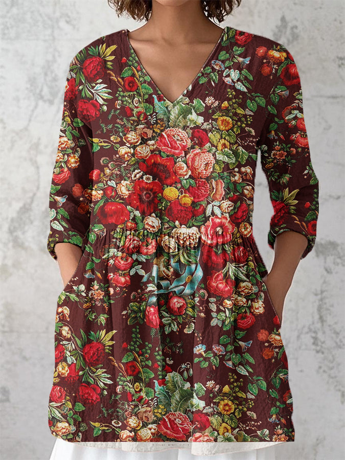 Women's v-neck vintage floral print cotton shirt