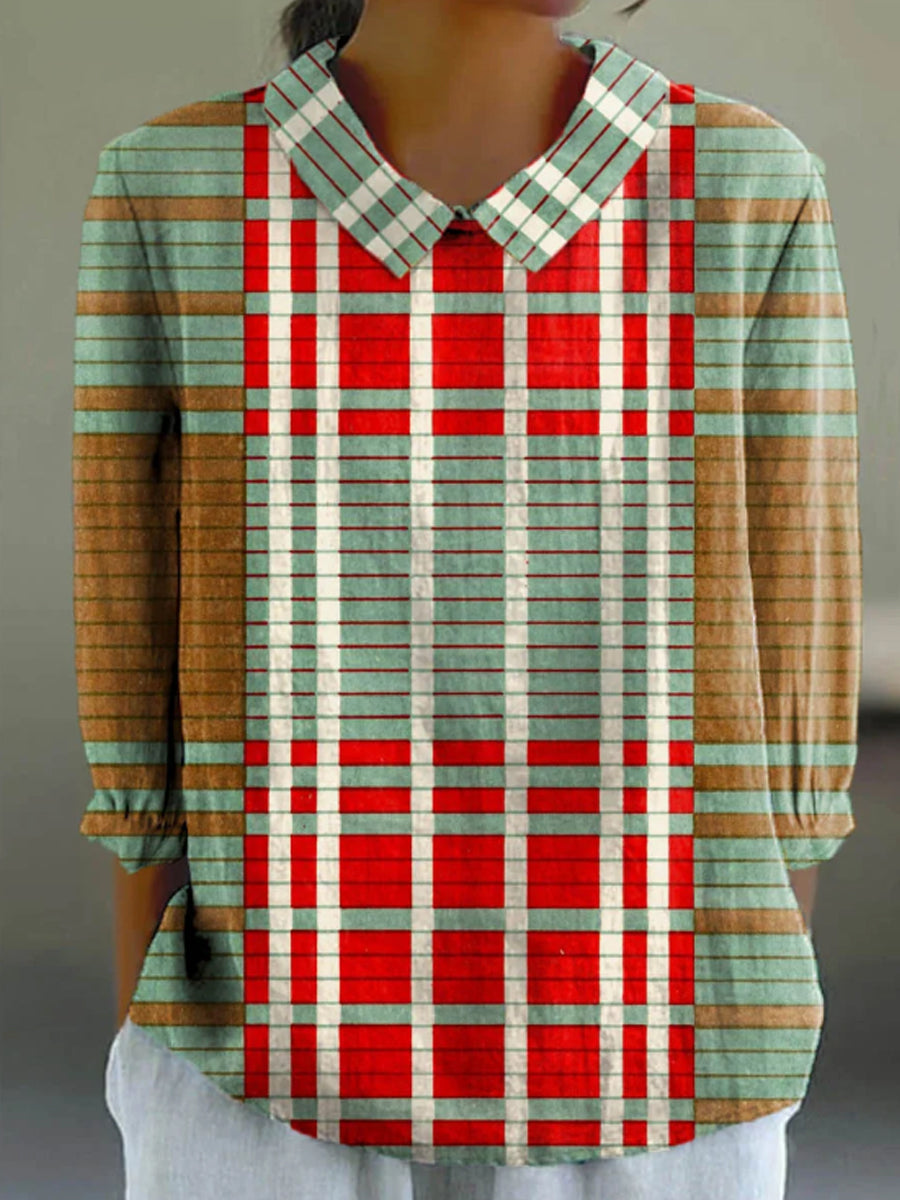 Women's Abstract Geometric Pattern Art Print Casual Cotton And Linen 3/4 Sleeve Shirt
