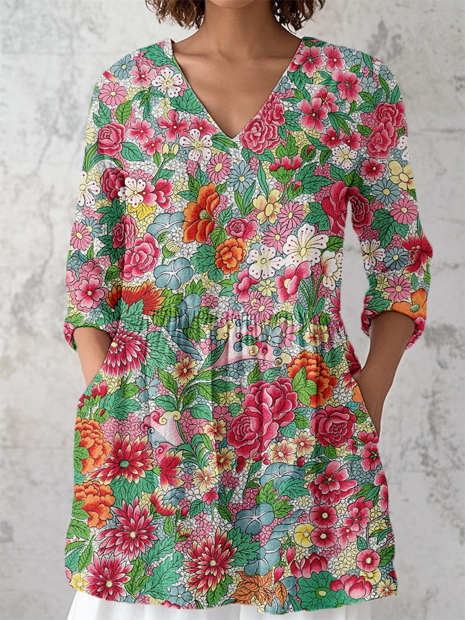 Women's v-neck vintage floral print cotton shirt