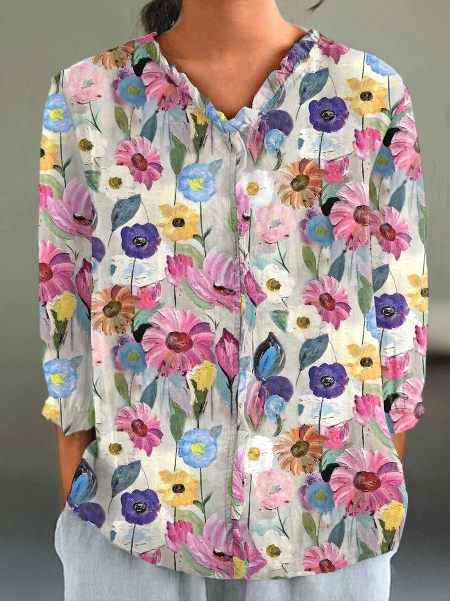 Women's Vintage Floral Art Print Casual Cotton And Linen 3/4 Sleeve Shirt