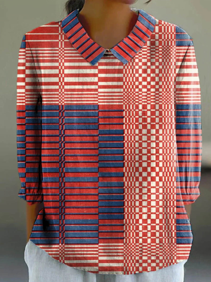 Women's Abstract Geometric Pattern Art Print Casual Cotton And Linen 3/4 Sleeve Shirt