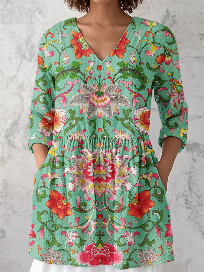 Women's v-neck vintage floral print cotton shirt