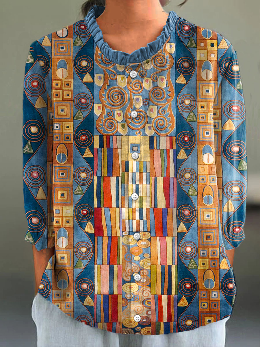 Women's Abstract Geometric Pattern Art Print Casual Cotton And Linen 3/4 Sleeve Shirt