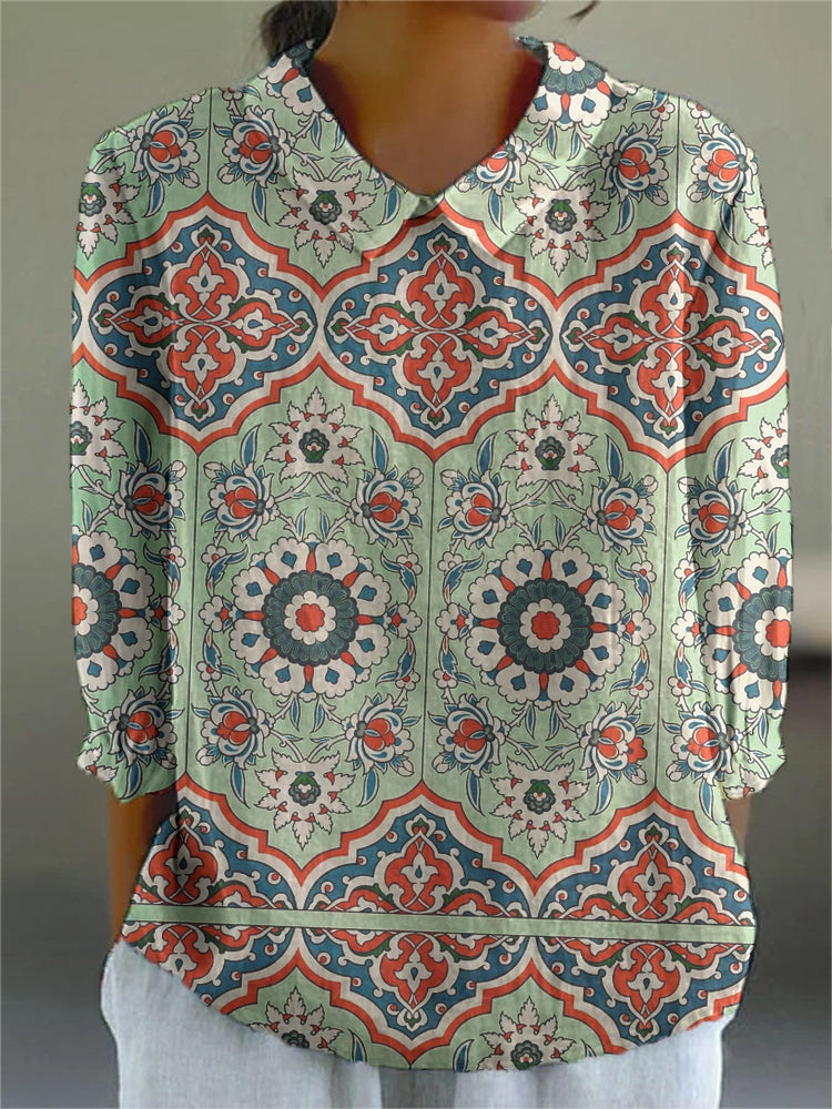 Women's Palace Vintage Print 4/3 Sleeve Cotton Linen Shirt