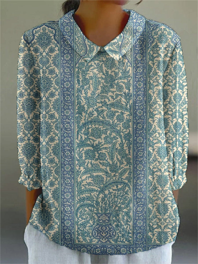 Women's Vintage Court Printed Cotton Linen 3/4 Sleeve Shirt