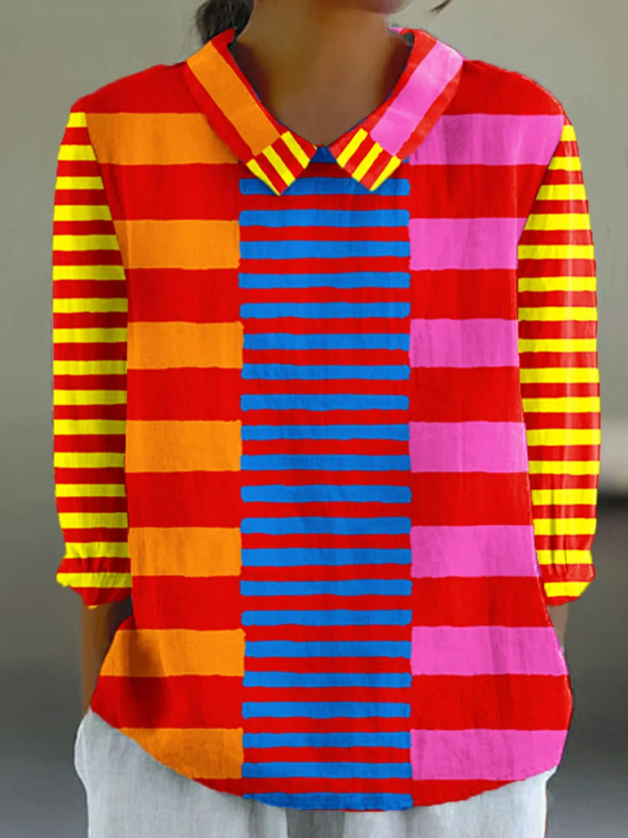 Women's Vintage Abstract Geometric Lines Art Print Casual Cotton And Linen 3/4 Sleeve Shirt