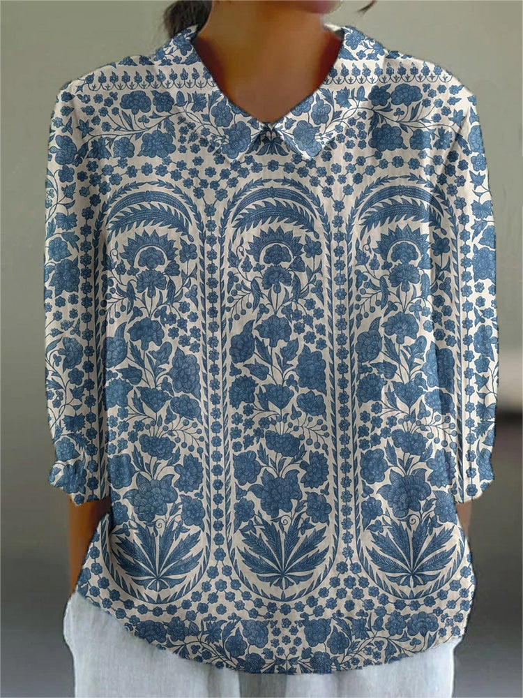 Women's Palace Vintage Print 4/3 Sleeve Cotton Linen Shirt