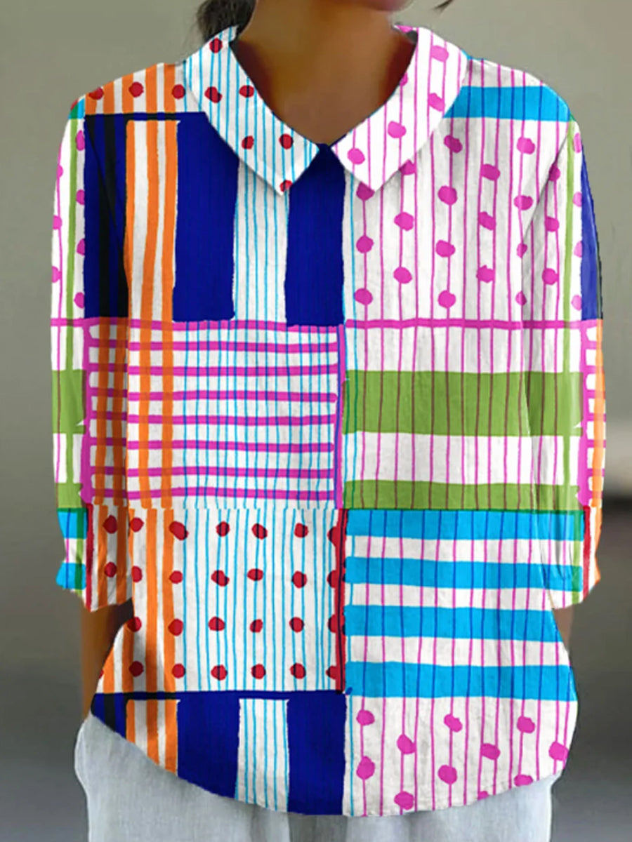 Women's Vintage Abstract Geometric Lines Art Print Casual Cotton And Linen 3/4 Sleeve Shirt