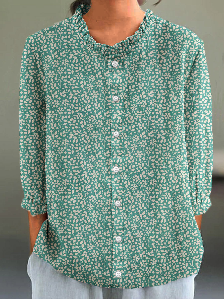 Women's Vintage Floral Print 4/3 Sleeve Cotton Linen Shirt