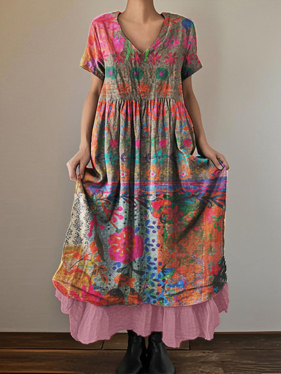 Women's Vintage Distressed Printed Cotton and Linen Double-Layer Short-Sleeved Dress
