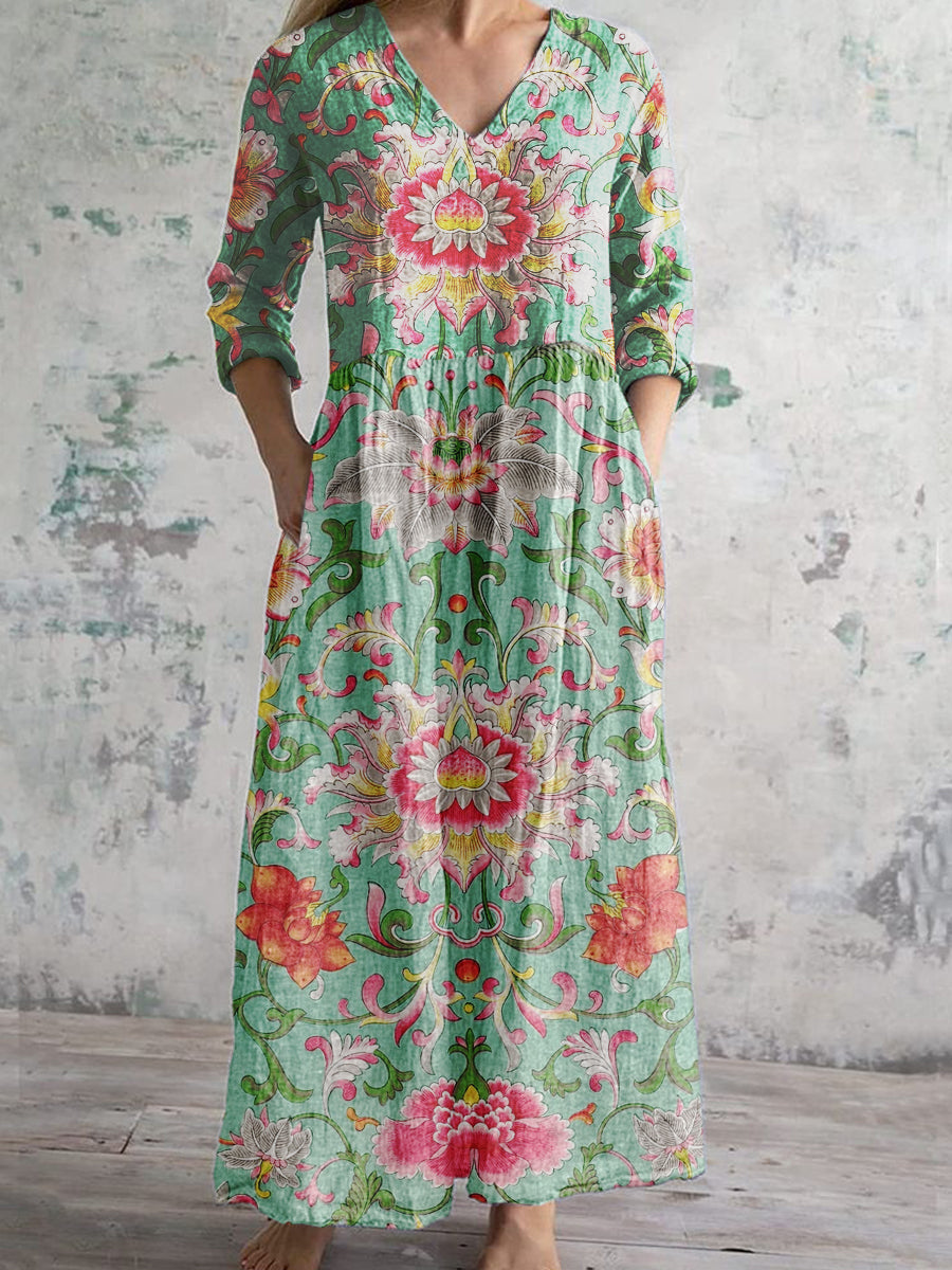 Women's Vintage Positioning Printed Cotton Linen Dress