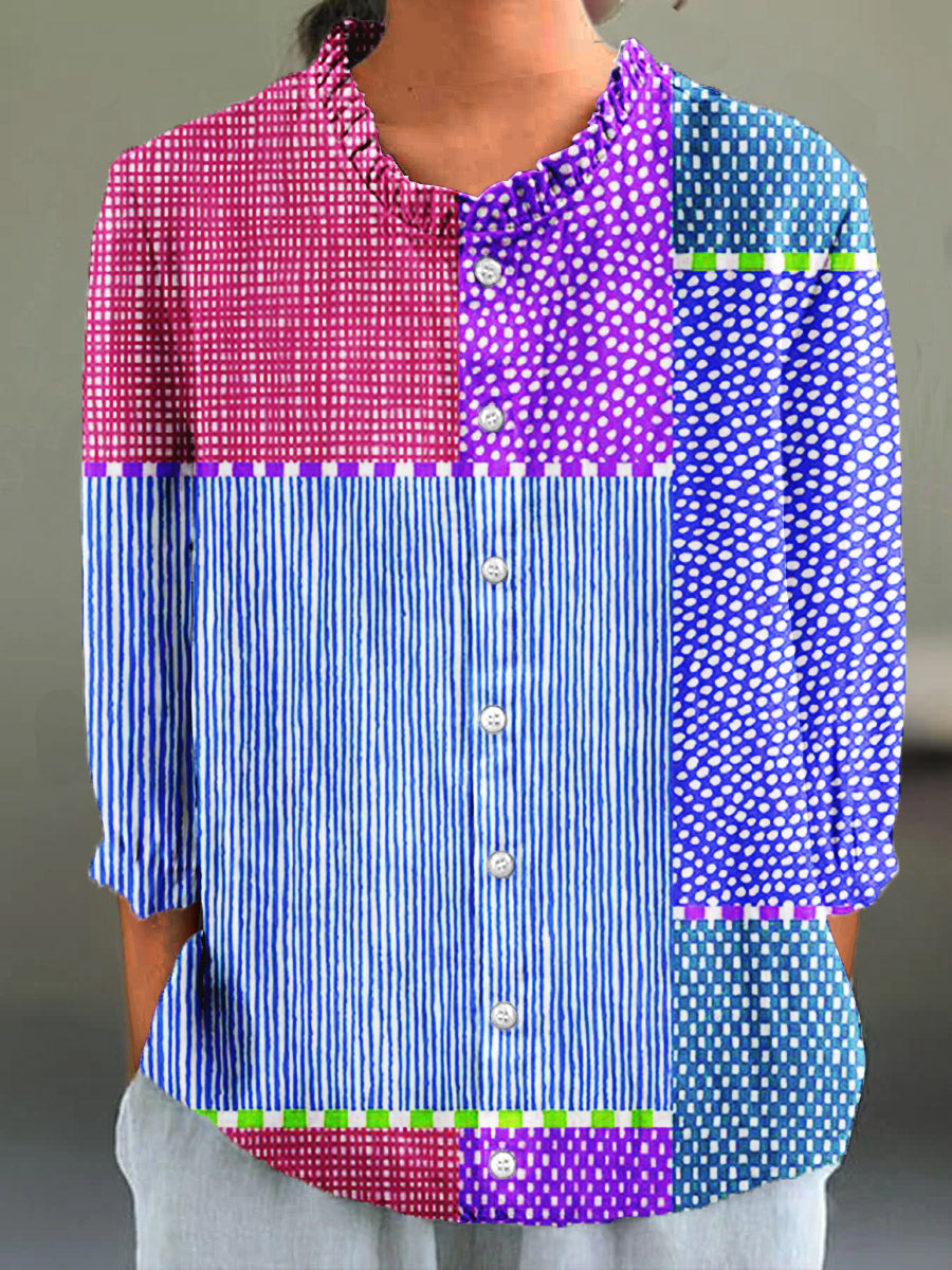 Women's Vintage Floral Print 4/3 Sleeve Cotton Linen Shirt