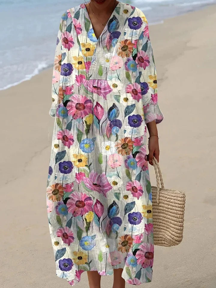 Women's Vintage Floral Print Casual Cotton Linen 3/4 Sleeve Dress