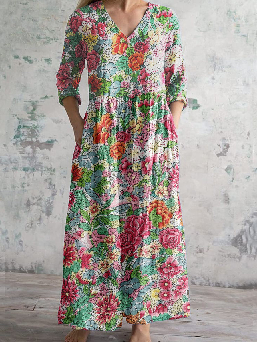 Women's Vintage Floral Print Cotton Pocket Dress