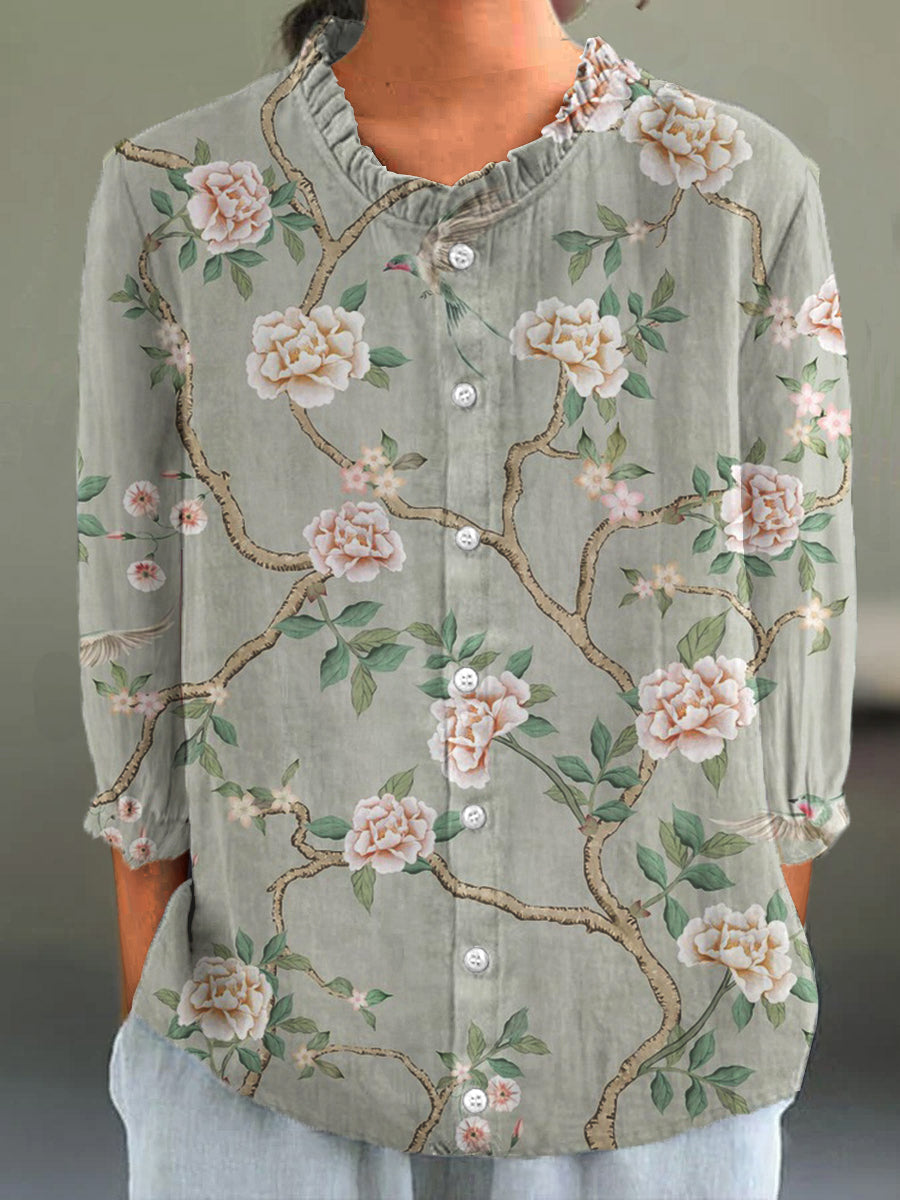 Women's Vintage Floral Print 4/3 Sleeve Cotton Linen Shirt