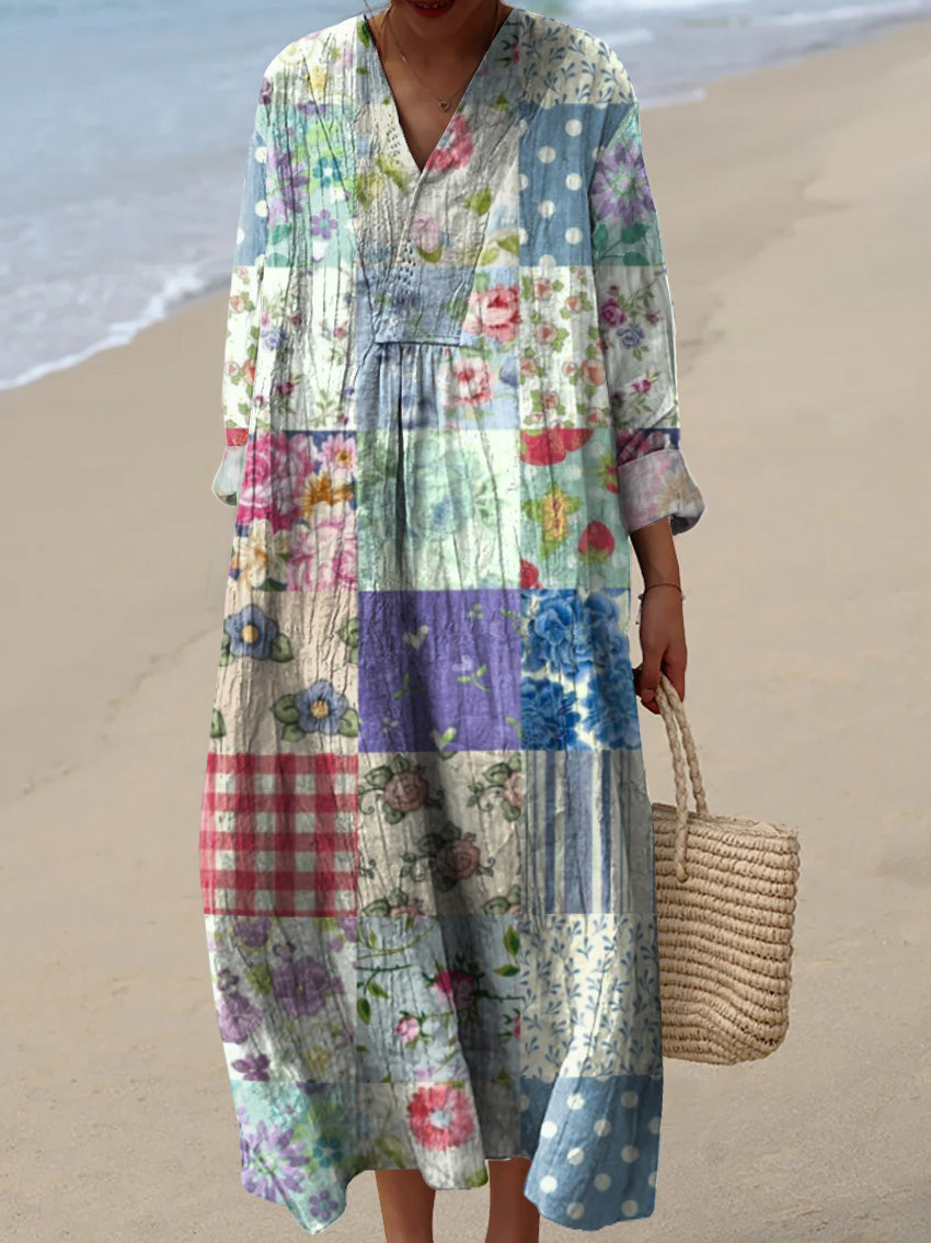 Women's Patchwork Pattern Printed Cotton Linen 3/4 Sleeve Dress