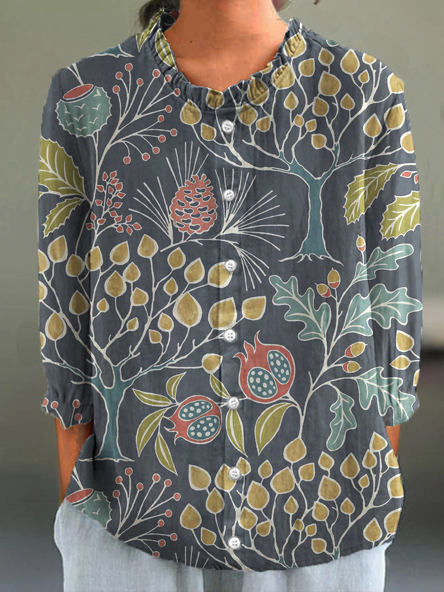Women's Vintage Floral Print 4/3 Sleeve Cotton Linen Shirt