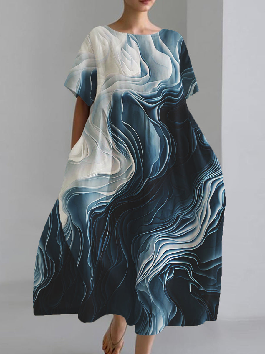 Women's 3D Abstract Print Cotton and Linen Short Sleeve Pocket Dress