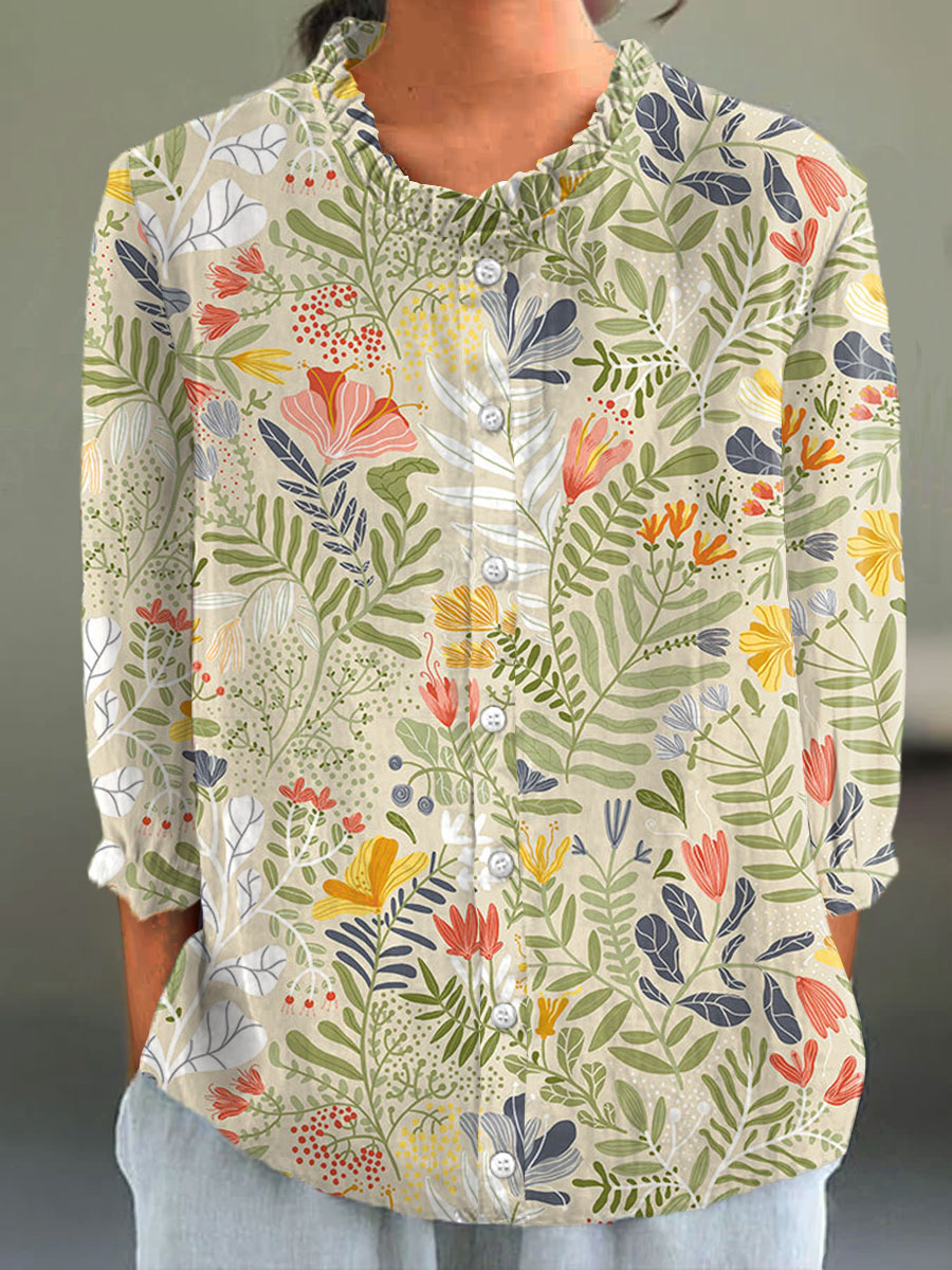 Women's Pastoral Floral Print Casual Cotton And Linen 3/4 Sleeve Shirt