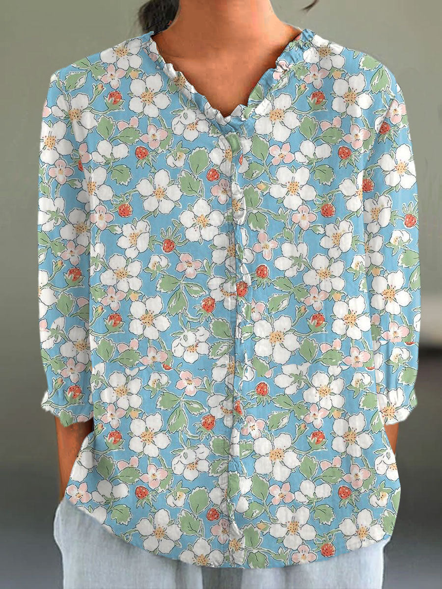 Women's Pastoral Flowers Art Print Casual Cotton And Linen 3/4 Sleeve Shirt