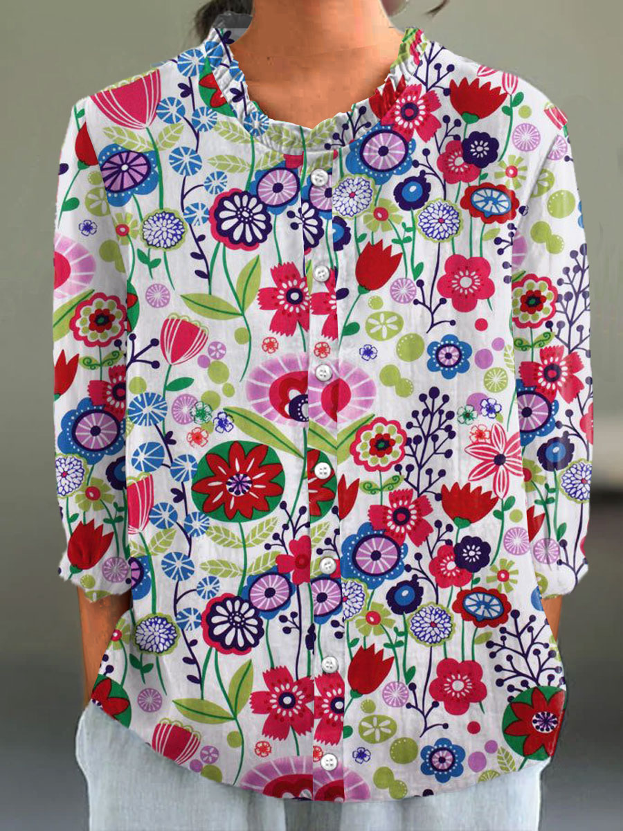 Women's Pastoral Floral Print Casual Cotton And Linen 3/4 Sleeve Shirt
