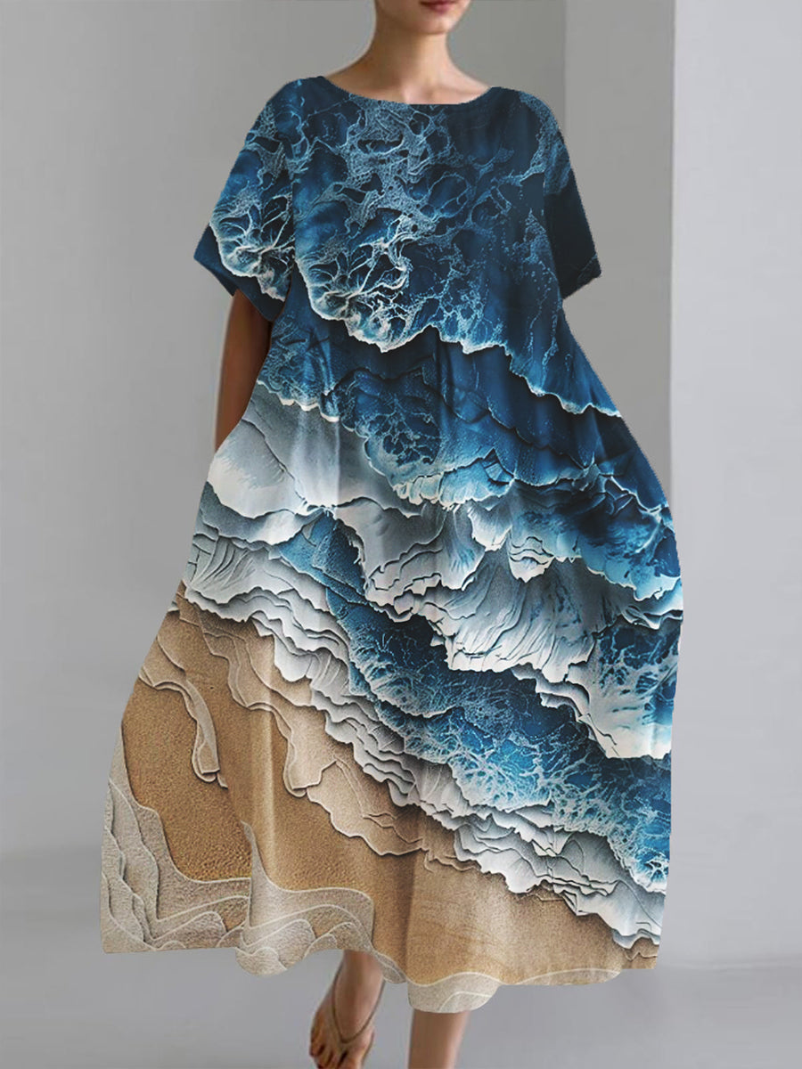 Women's 3D Abstract Print Cotton and Linen Short Sleeve Pocket Dress