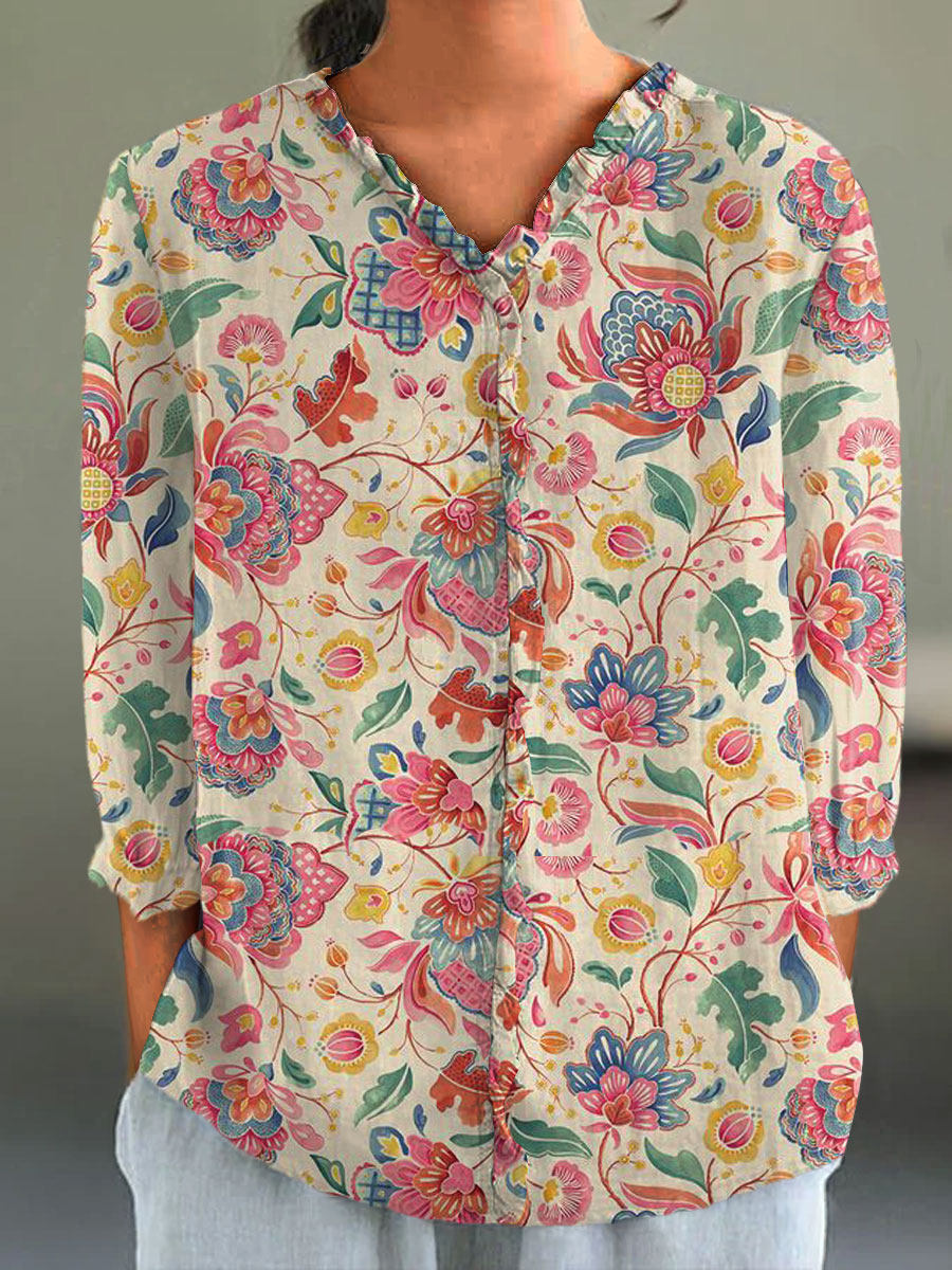 Women's Pastoral Flower Art Print Casual Cotton And Linen 3/4 Sleeve Shirt