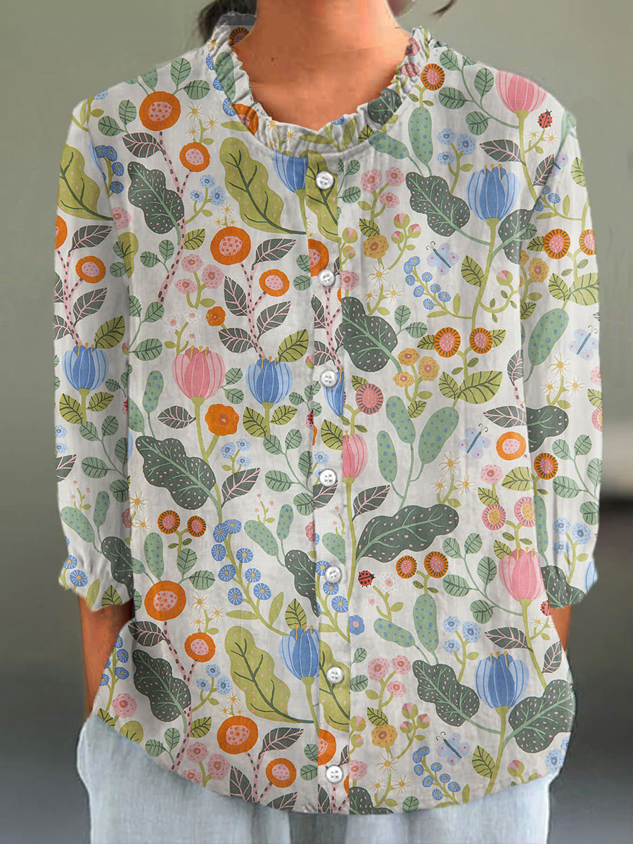 Women's Pastoral Floral Print Casual Cotton And Linen 3/4 Sleeve Shirt