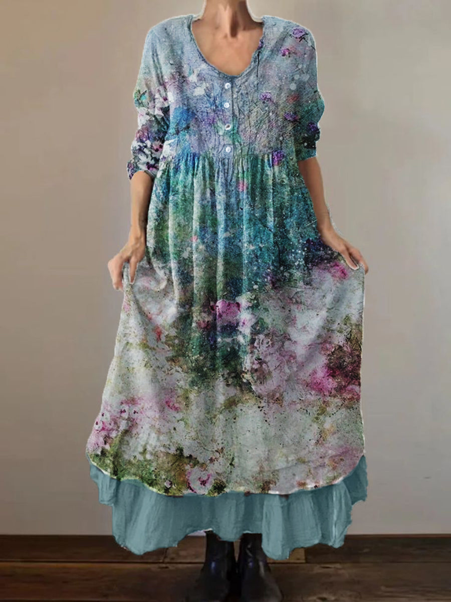 Women's Vintage Distressed Floral Print 3/4 Sleeve Cotton and Linen Double Dress