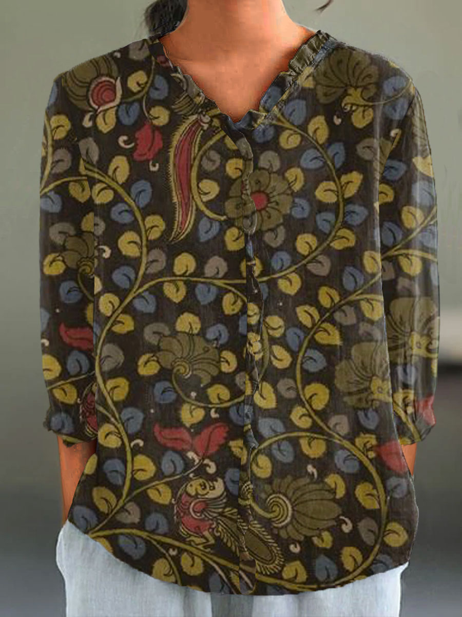 Women's Vintage Flower Art Print Casual Cotton And Linen 3/4 Sleeve Shirt