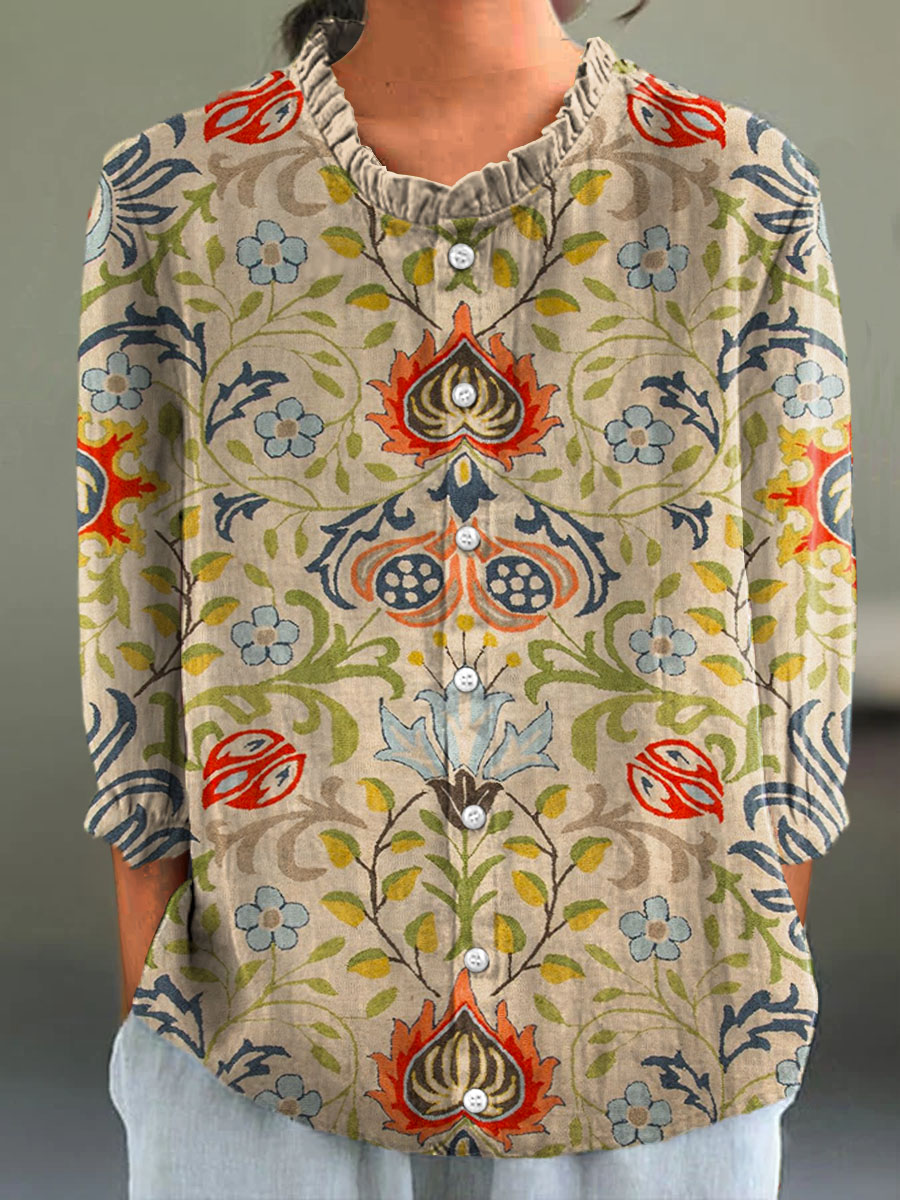 Women's Pastoral Floral Print Casual Cotton And Linen 3/4 Sleeve Shirt