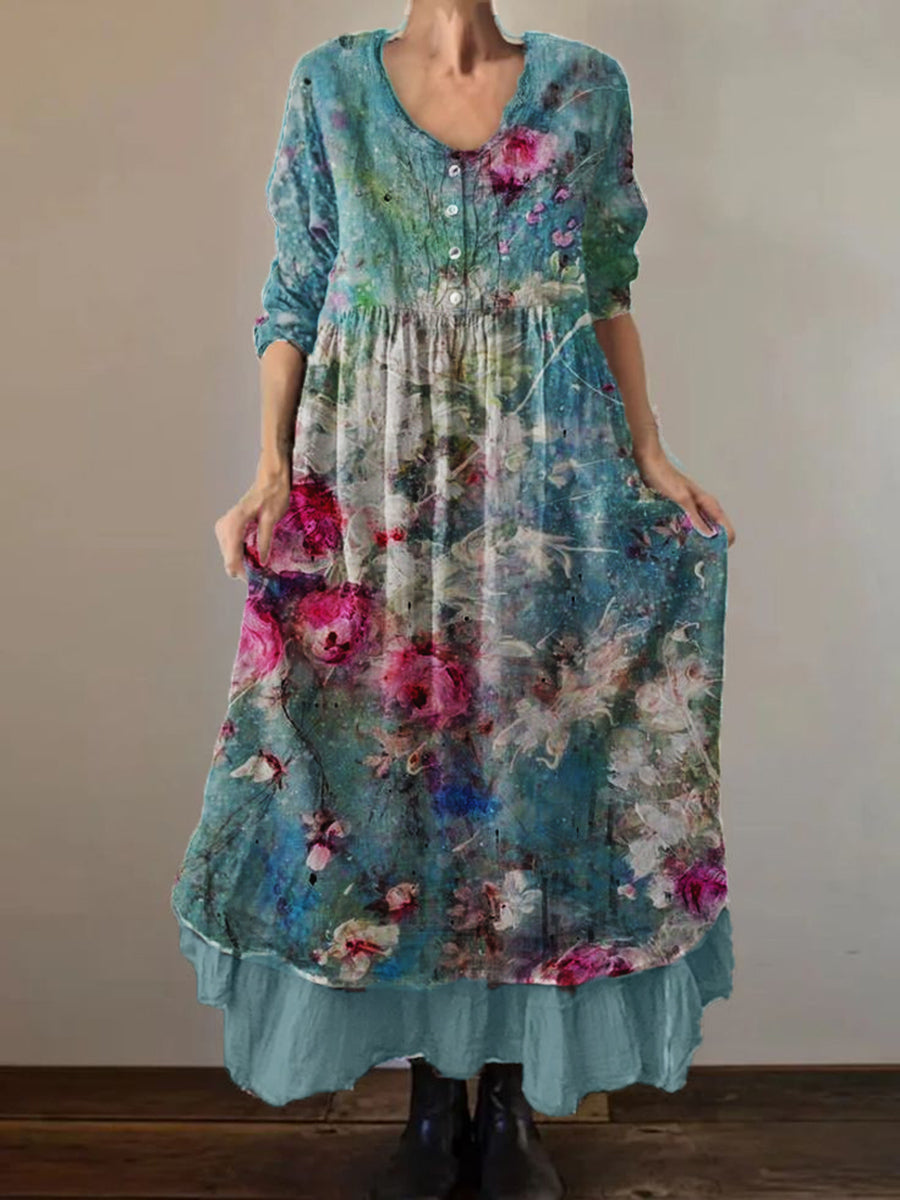 Women's Vintage Distressed Floral Print 3/4 Sleeve Cotton and Linen Double Dress