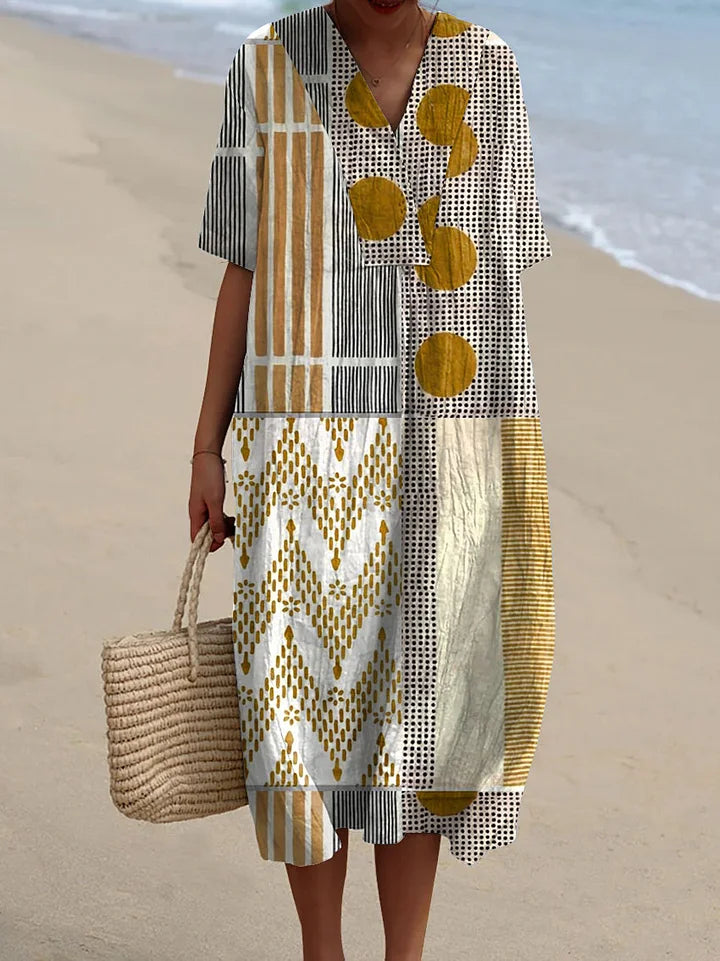 Women's Abstract Geometric Pattern Art Print Flowy Cotton Dress