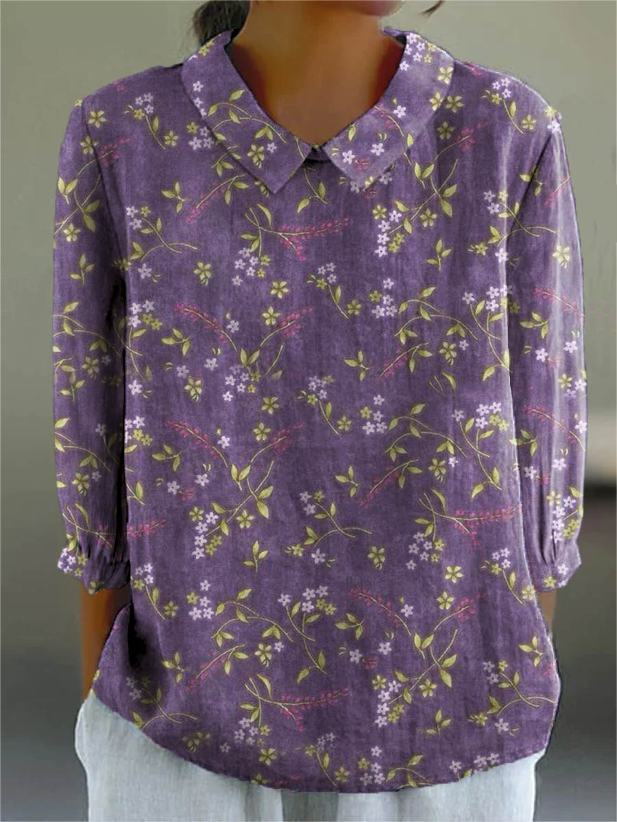 Women's Vintage Floral Print 4/3 Sleeve Cotton Linen Shirt