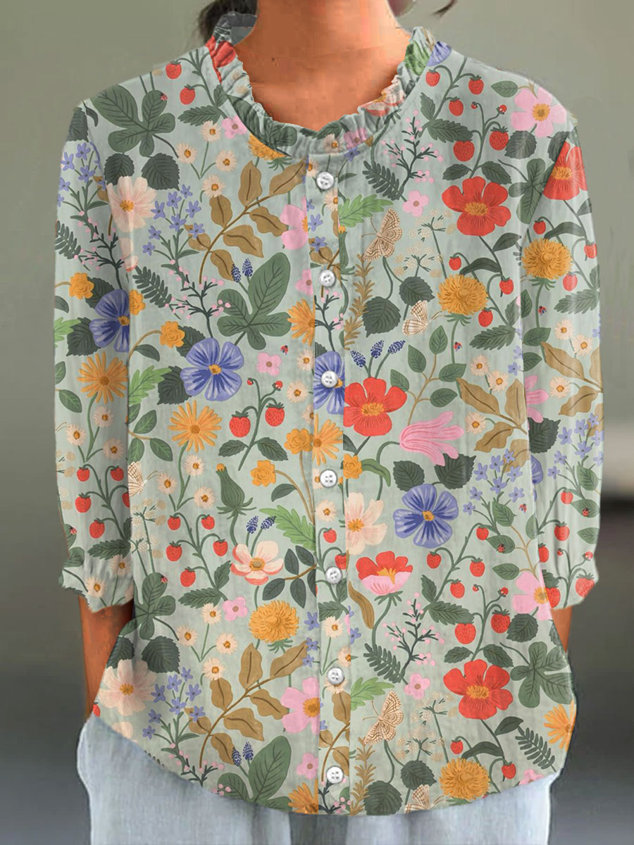 Women's Pastoral Floral Print Casual Cotton And Linen 3/4 Sleeve Shirt