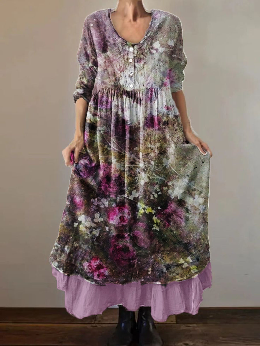 Women's Vintage Distressed Floral Print 3/4 Sleeve Cotton and Linen Double Dress