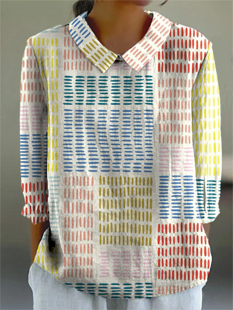 Women's Vintage Geometric Print Cotton Linen 3/4 Sleeve Shirt