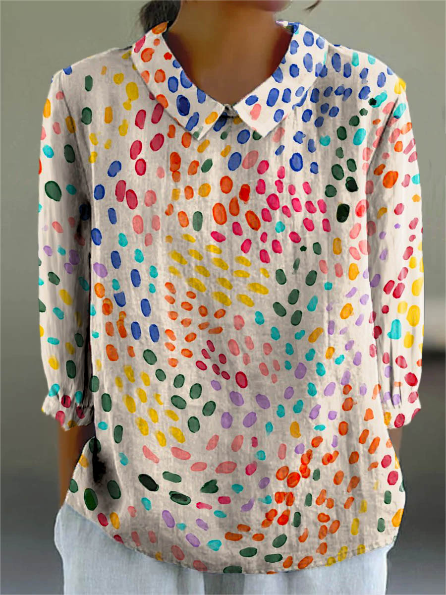 Women's Abstract Dot Pattern Art Print Casual Cotton And Linen 3/4 Sleeve Shirt