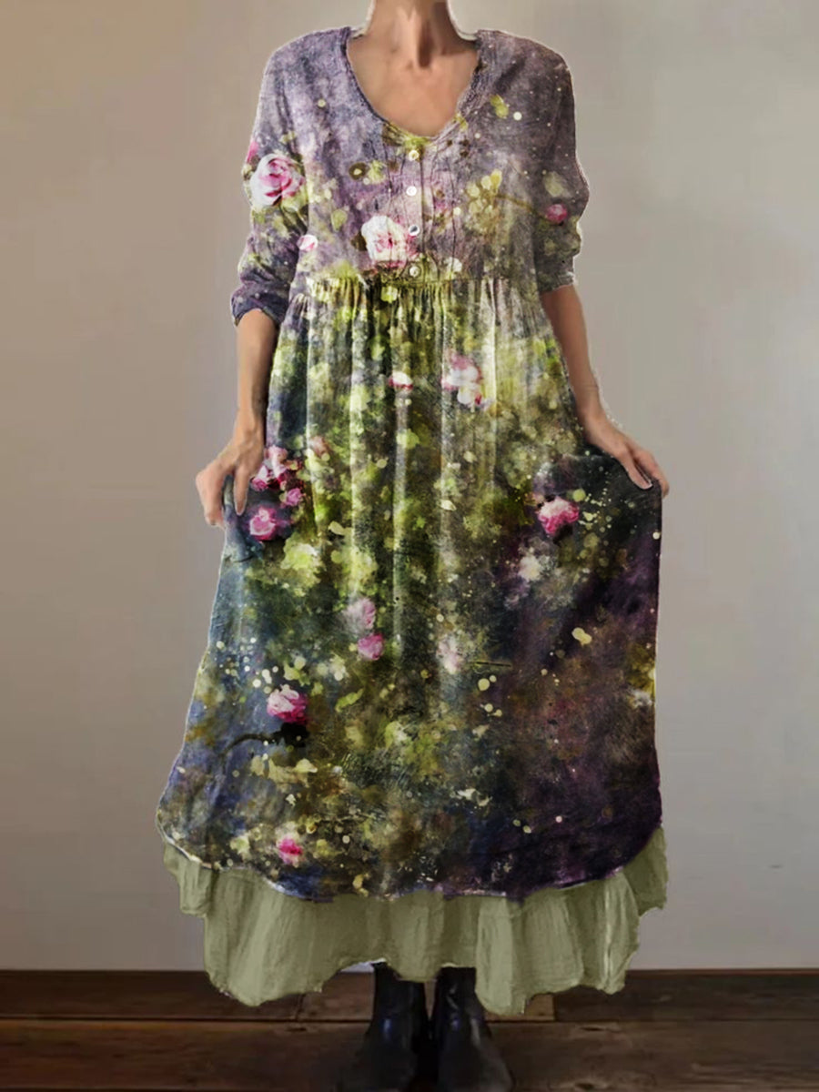 Women's Vintage Distressed Floral Print 3/4 Sleeve Cotton and Linen Double Dress
