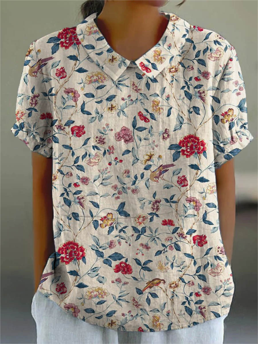 Women's Vintage Floral Cotton Linen Short Sleeve Shirt